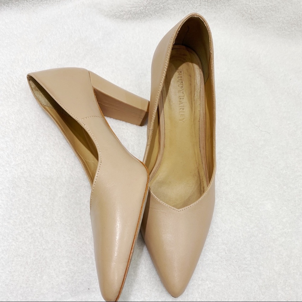 Poppy Barley nude pointed toe chunky heels